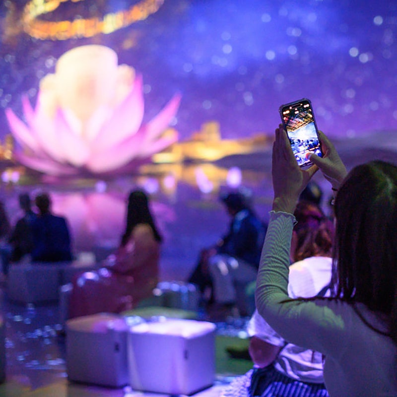 Person taking a picture of a projection at Tutankhamun Exhibition.