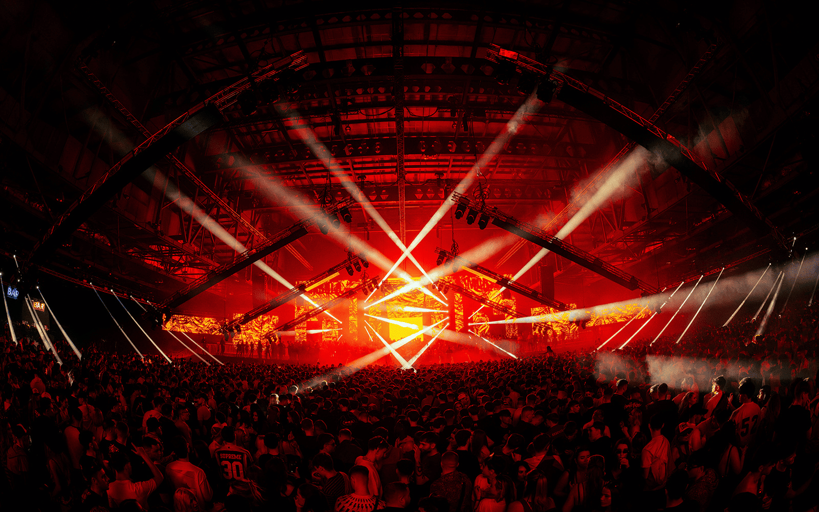 Hall 4 during a concert with flashing red lights