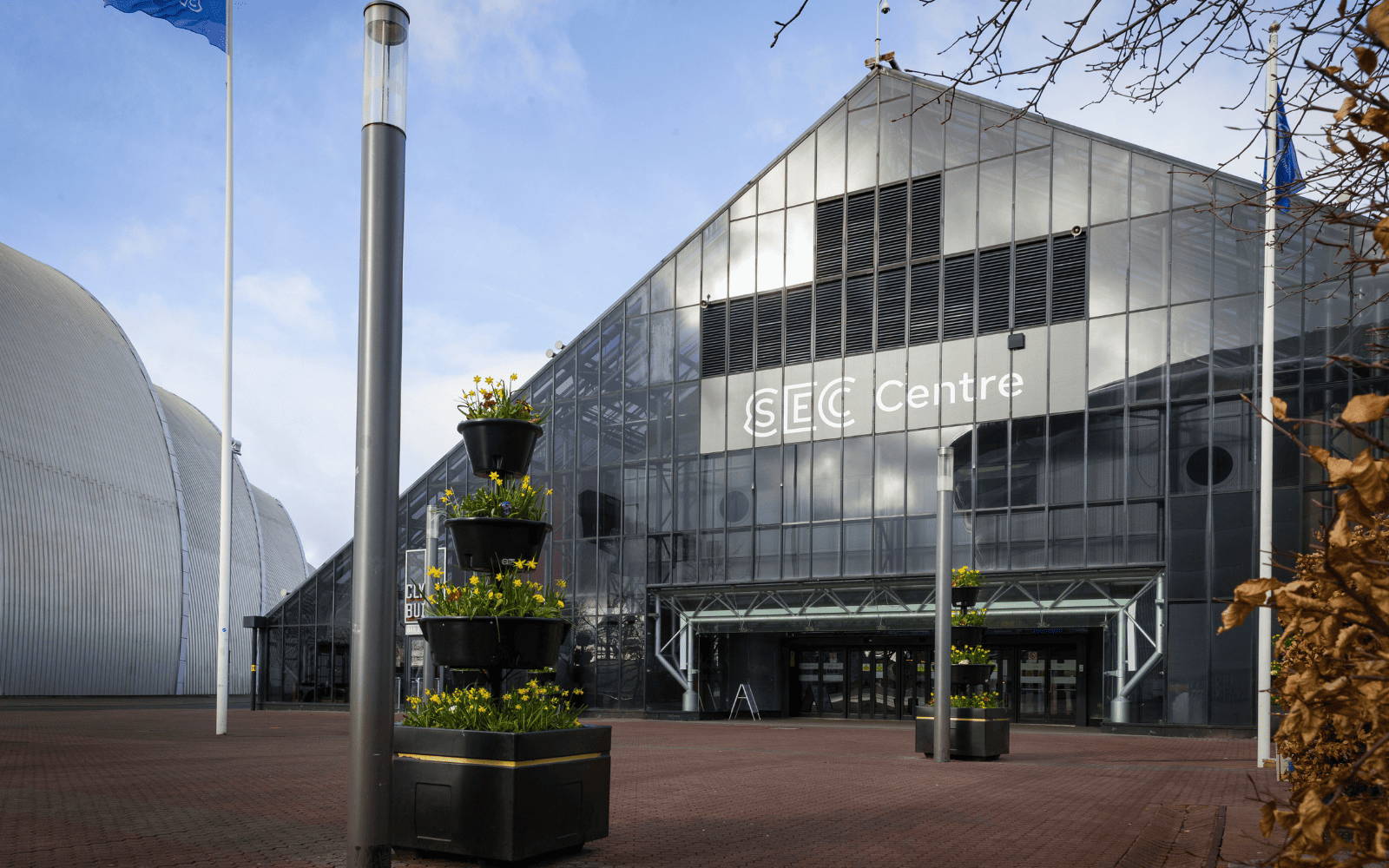 External view of the front of the SEC Centre on a sunny day