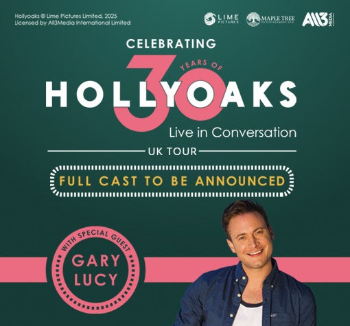 Hollyoaks event graphic with image of Gary Lucy.