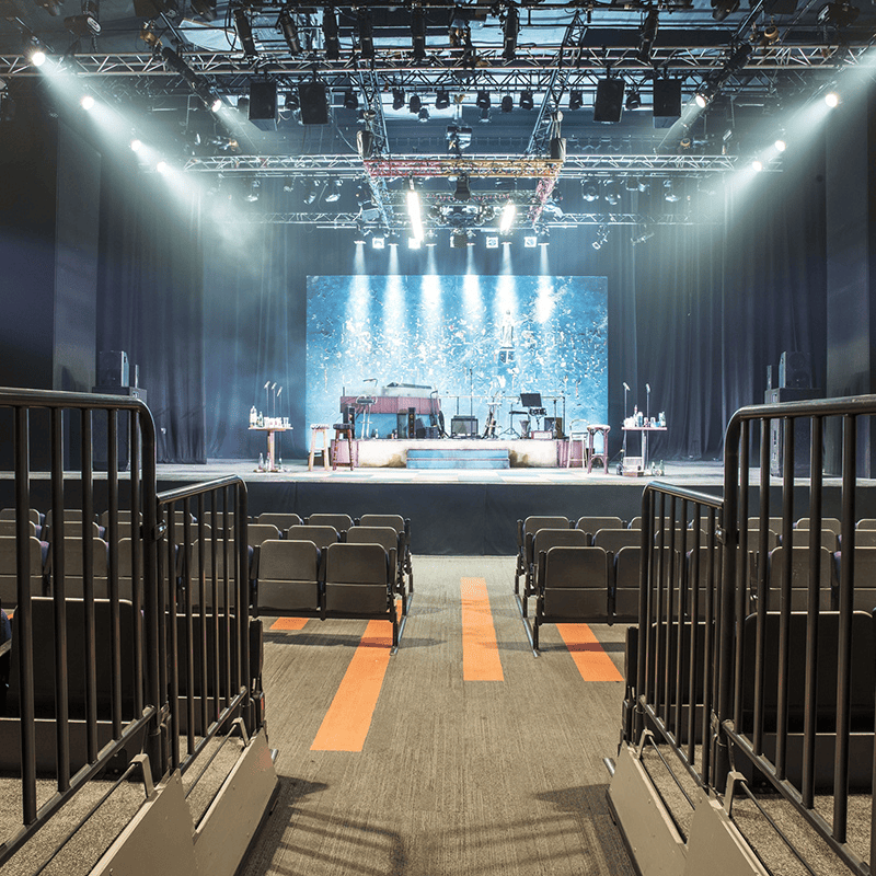 stage with a band set up and bright lighting