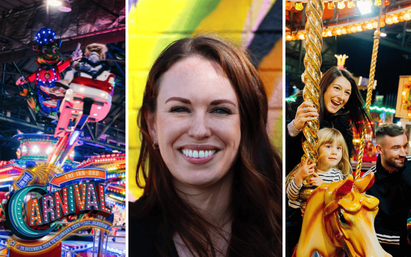 Three images: people on a ride at Irn-Bru carnival, SEC Creates staff member Ali Atkinson, family on carousel ride.