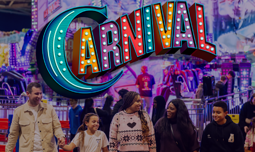 Show asset for Carnival. There is a group of people walking in front of one of the Carnival rides. The carnival logo is at the top of this image.