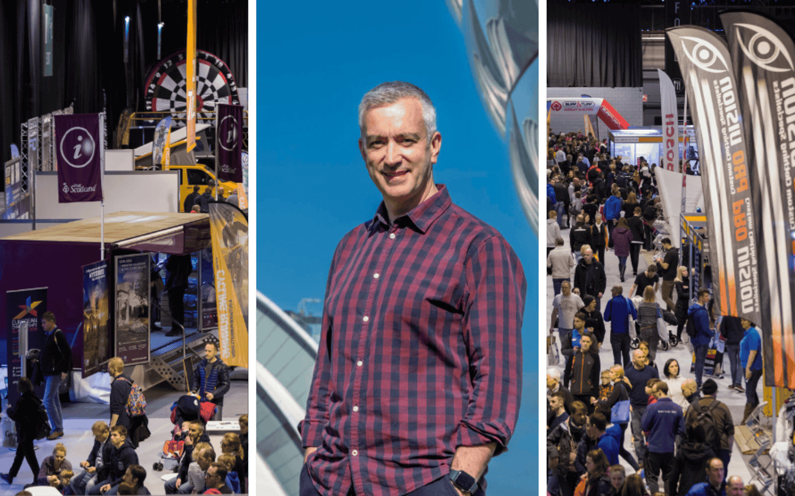 Three images: two images are of people walking through difference exhibitions, one is of SEC staff member Colin Hartley.