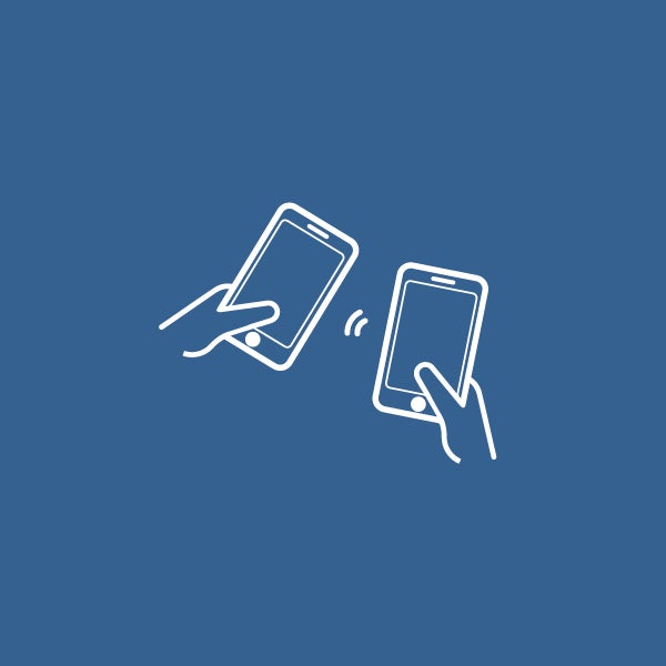 Logo of two mobile phones connecting on a blue background.