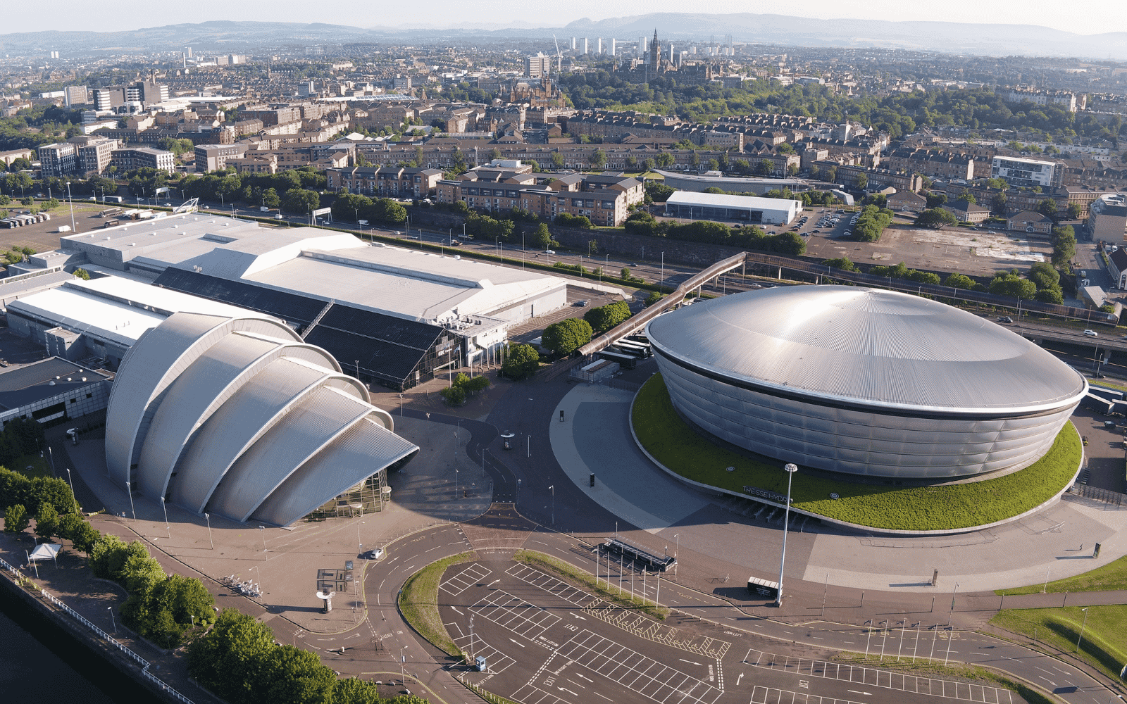 View of the SEC from above with Glasgow in the background.