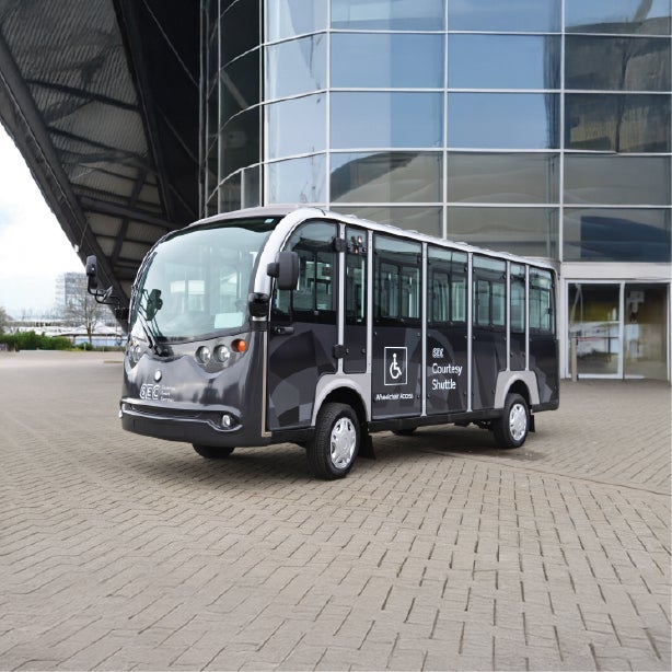 The SEC Centre's courtesy shuttle bus parked in front of the SEC Armadillo.