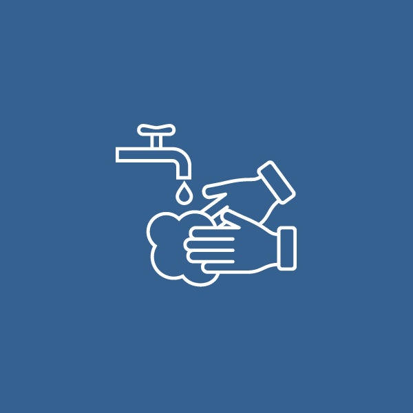 Logo of hands being washed under a sink on a blue background.