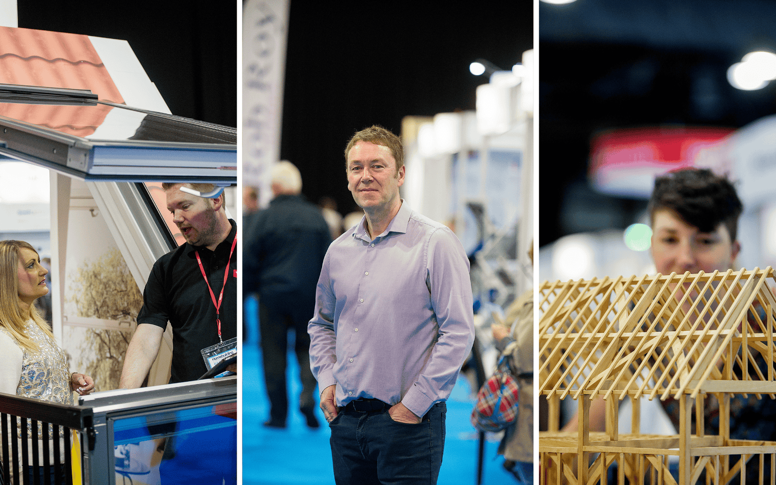 Three images, two of customers at Home Building and Renovating Show and one of Nick Noble at Home Building and Renovating Show.