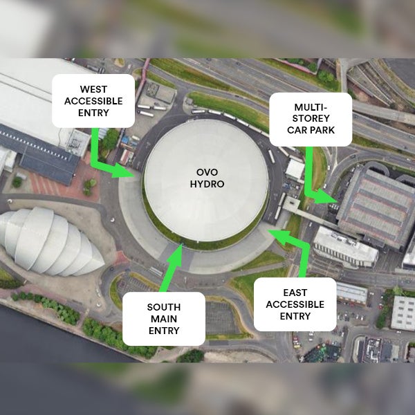 Birdseye view of the OVO Hydro including arrows showing west accessible entry, south main entry, east accessible entry and multi-storey car park.