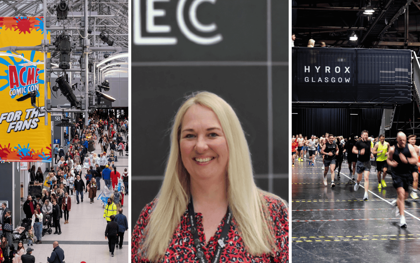 3 images: the SEC concourse during Comic Con, SEC staff member Jill wadge and people running at Hyrox.