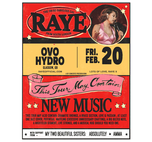 RAYE tour artwork with OVO Hydro date.