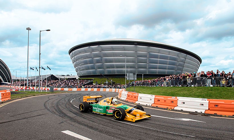 Race car in front of the OVO Hydro.