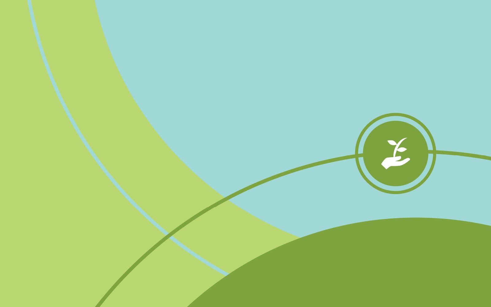 Blue background with green shapes and the sustainability logo in which a plant is in someone's hand.