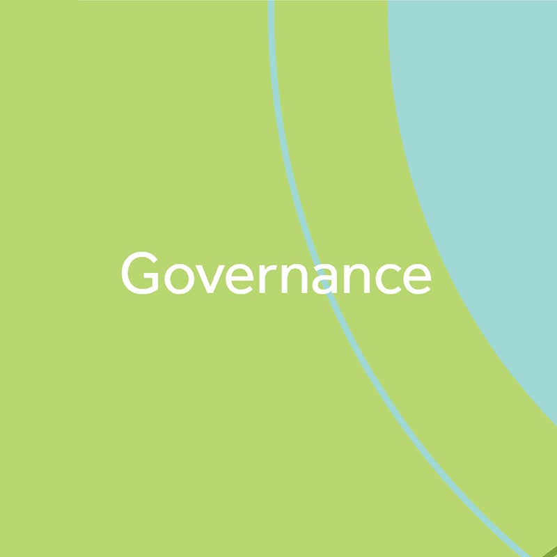 Blue background with green shapes and the word Governance