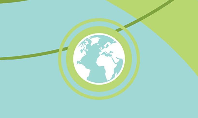 Blue background with green shapes and a globe symbol. 