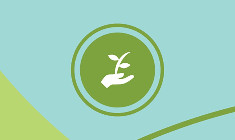 Blue background with green shapes and the sustainability logo in which a plant is in someone's hand.