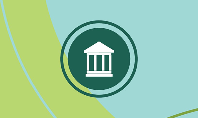 Blue background with green shapes and a Governance symbol. 