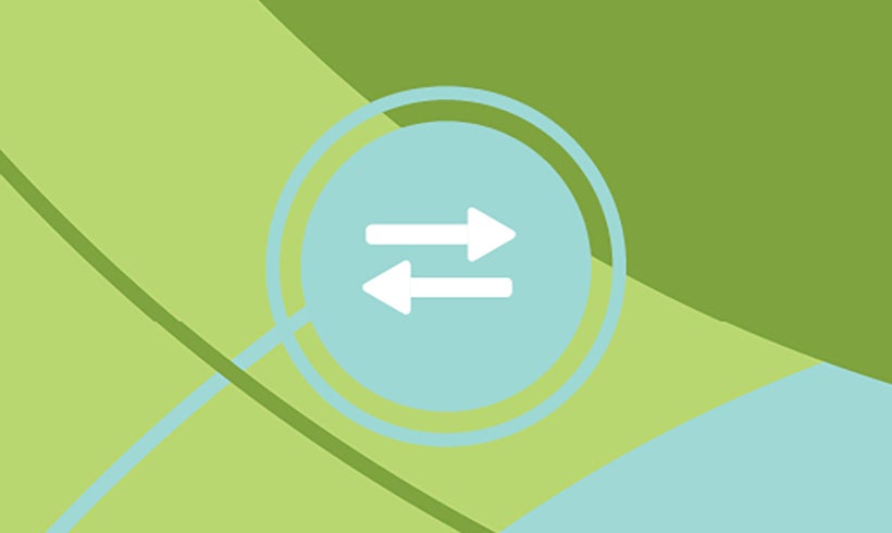 Green background with blue and green shapes and a symbol with 2 arrows facing the opposite direction.