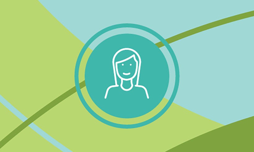 Blue and green background with shapes and a symbol of a person.