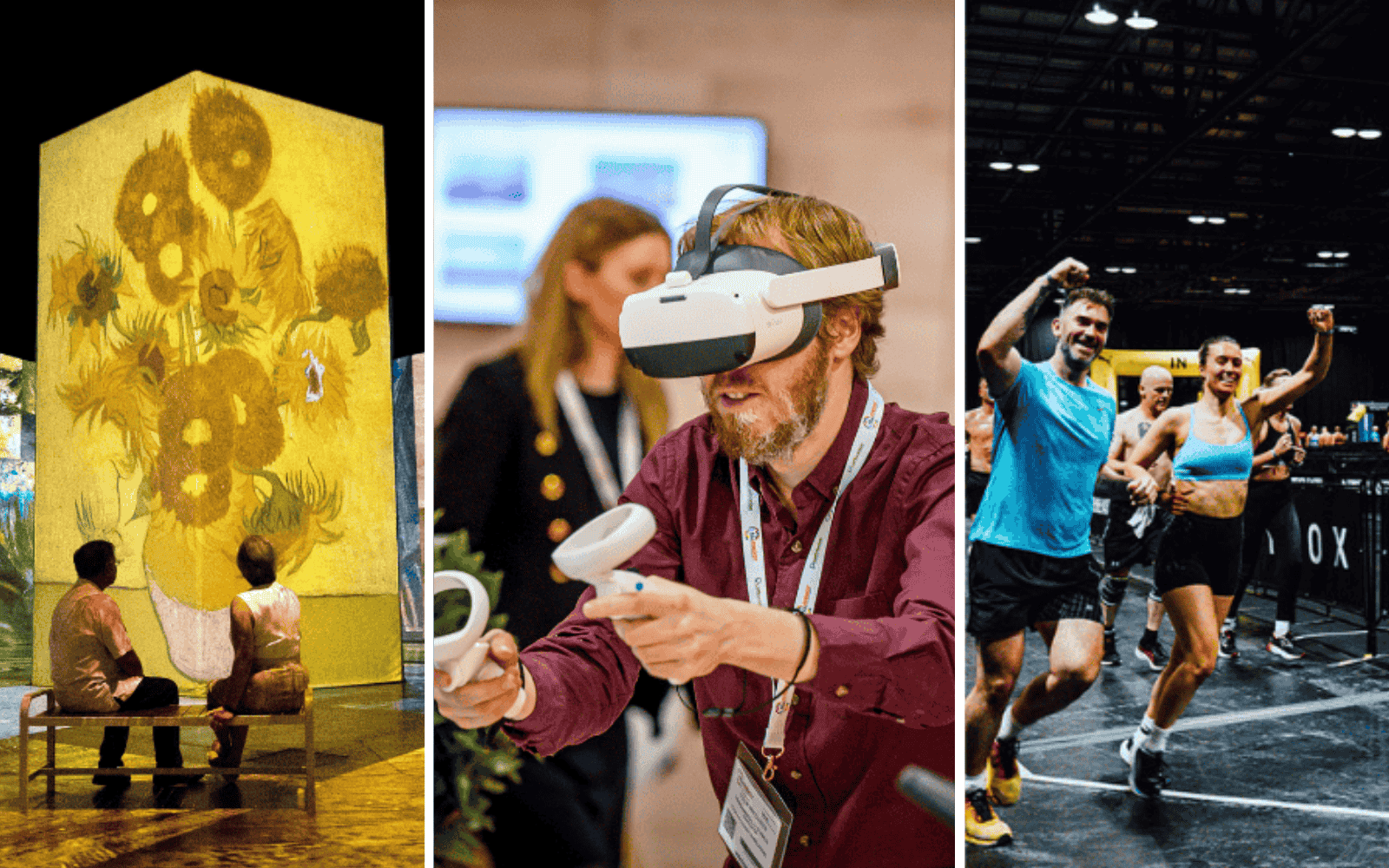 Three images: people sat in front of a sunflower projection, a man with a VR headset, people running at Hyrox.