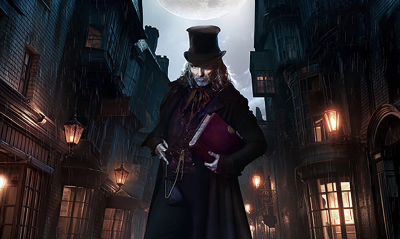 Show asset for Scrooge the Musical. Marti Pellow is dressed up as Scrooge with theatre buildings in the background.