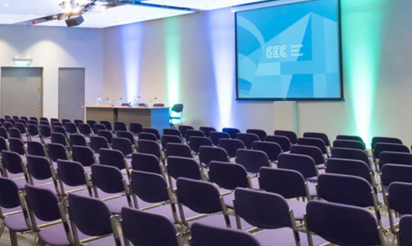 image of the forth inside the SEC Armadillo with seats laid out facing a projection screen