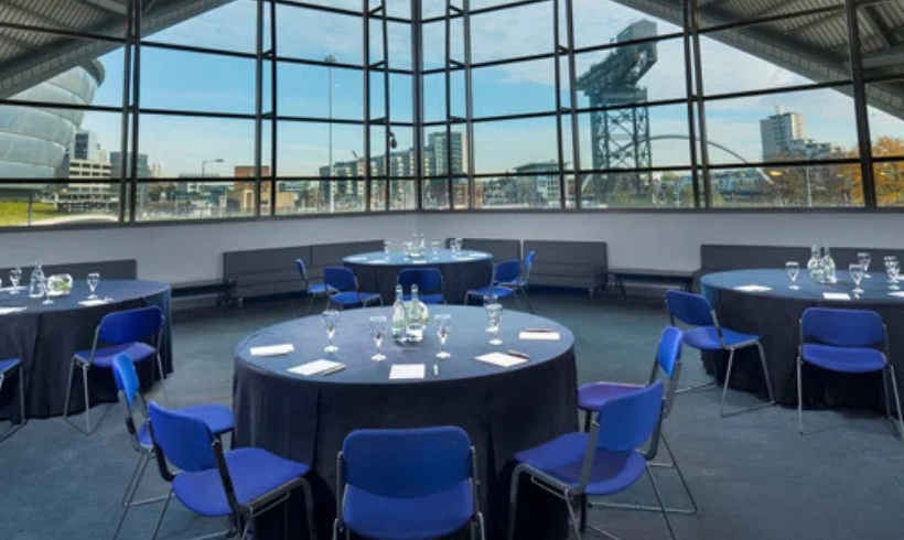 Image of the Gala inside the SEC Armadillo with cabaret seating laid out during the day