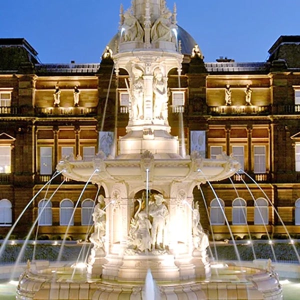 The Daulton Fountain in Glasgow Green in front of the Peoples Palace museum.