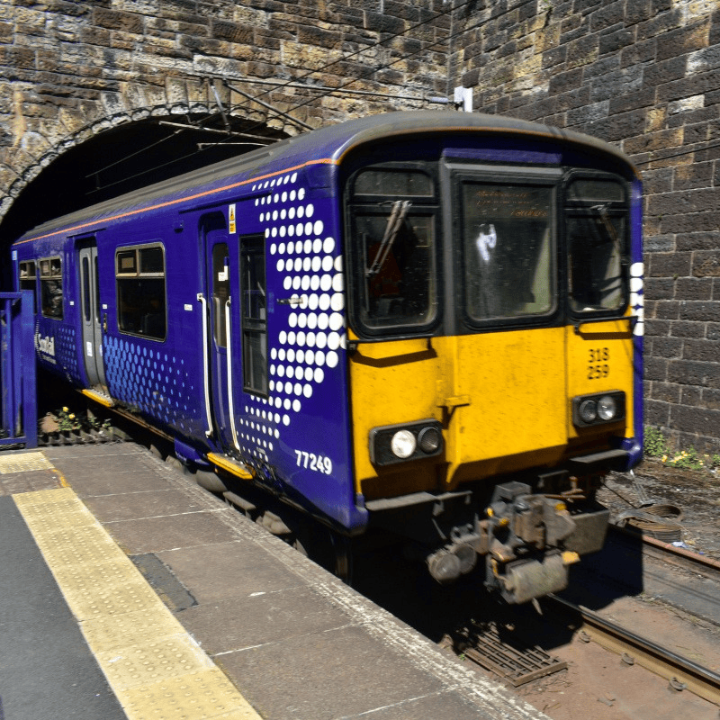 scotrail train coming into the Exhibition Centre Station
