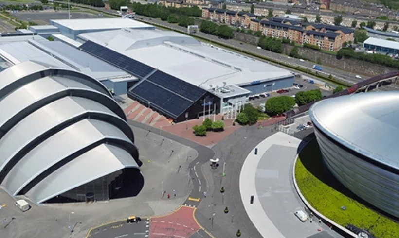 birds-eye view of SEC campus with SEC Centre, SEC Armadillo, and OVO Hydro in frame